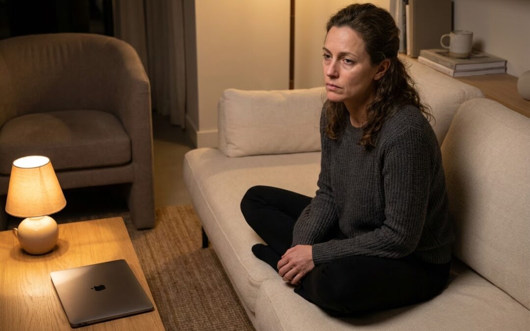 Exhausted but can’t relax woman sitting awake at night looking tired and wired