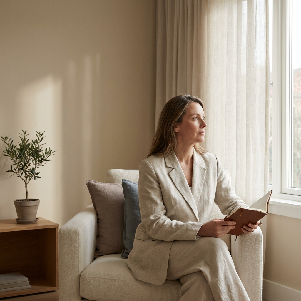 Woman engaging in online therapy for anxiety in a private home environment.