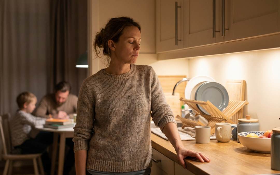 Woman looking emotionally exhausted and overwhelmed in kitchen, representing why am I snapping at everyone burnout