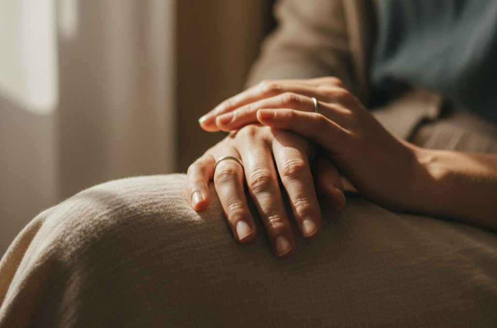 Woman's hands resting open representing choice between Brainspotting vs EMDR for trauma therapy