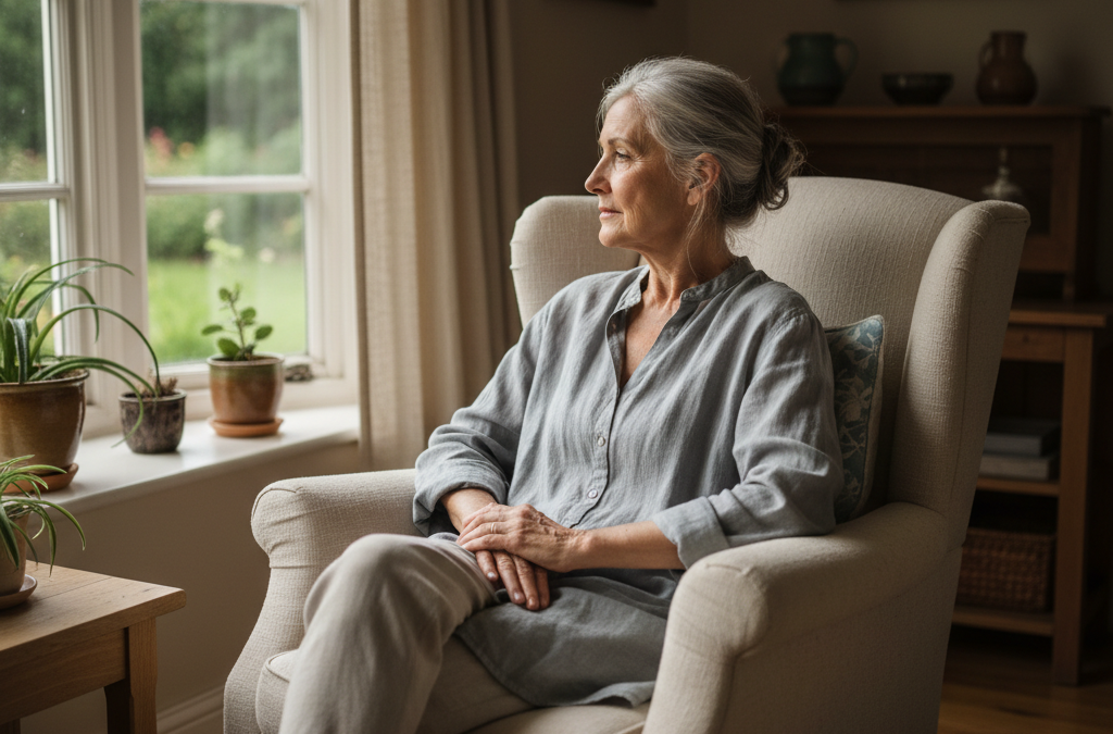 Older woman sitting by window representing being estranged from an adult child and growing through it