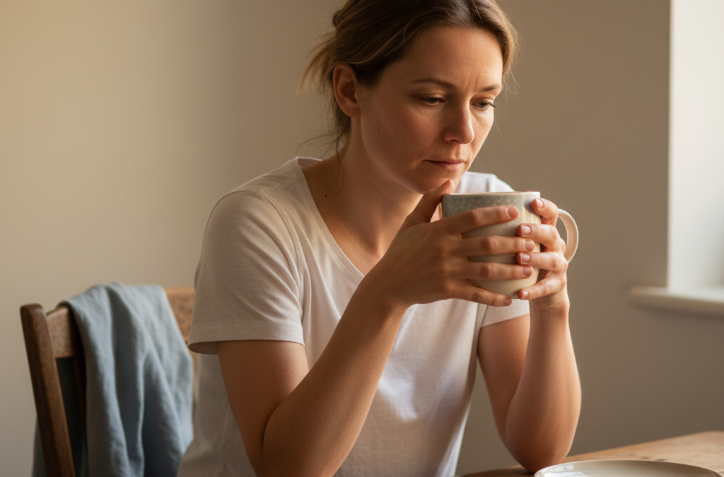 Woman with cup of tea representing family estrangement guilt and working through difficult feelings