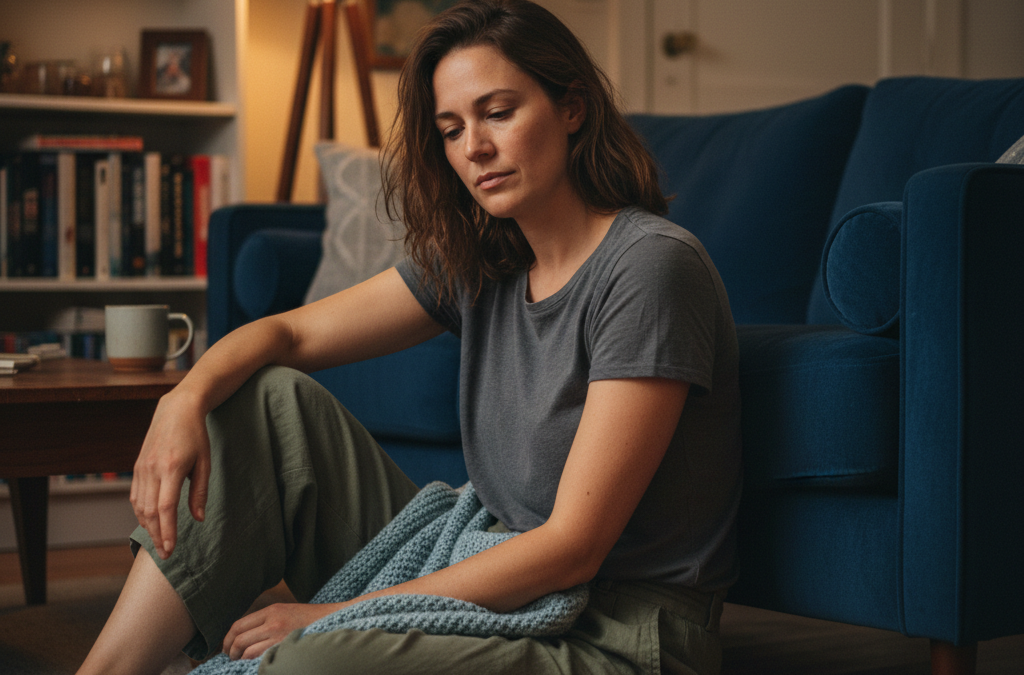 Woman sitting quietly representing IFS therapy for burnout and emotional exhaustion