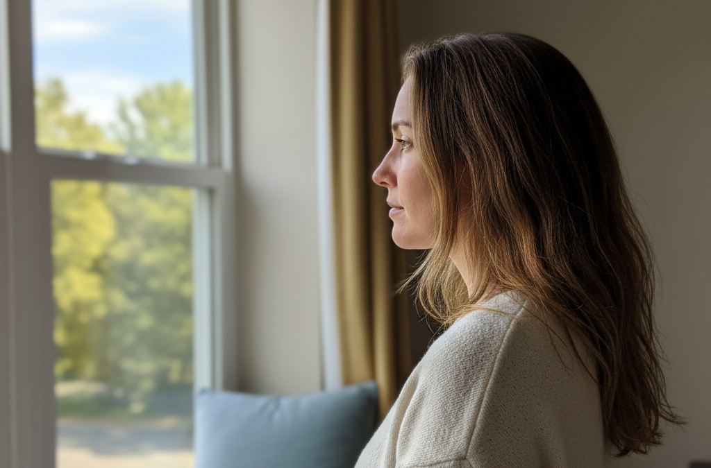 Woman standing at window representing recognising toxic family dynamics and their impact