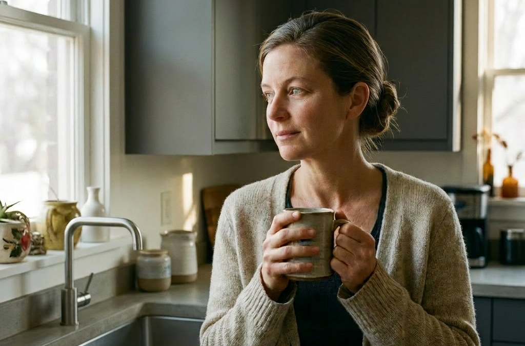 A woman looking out a window holding coffee, never enough feeling