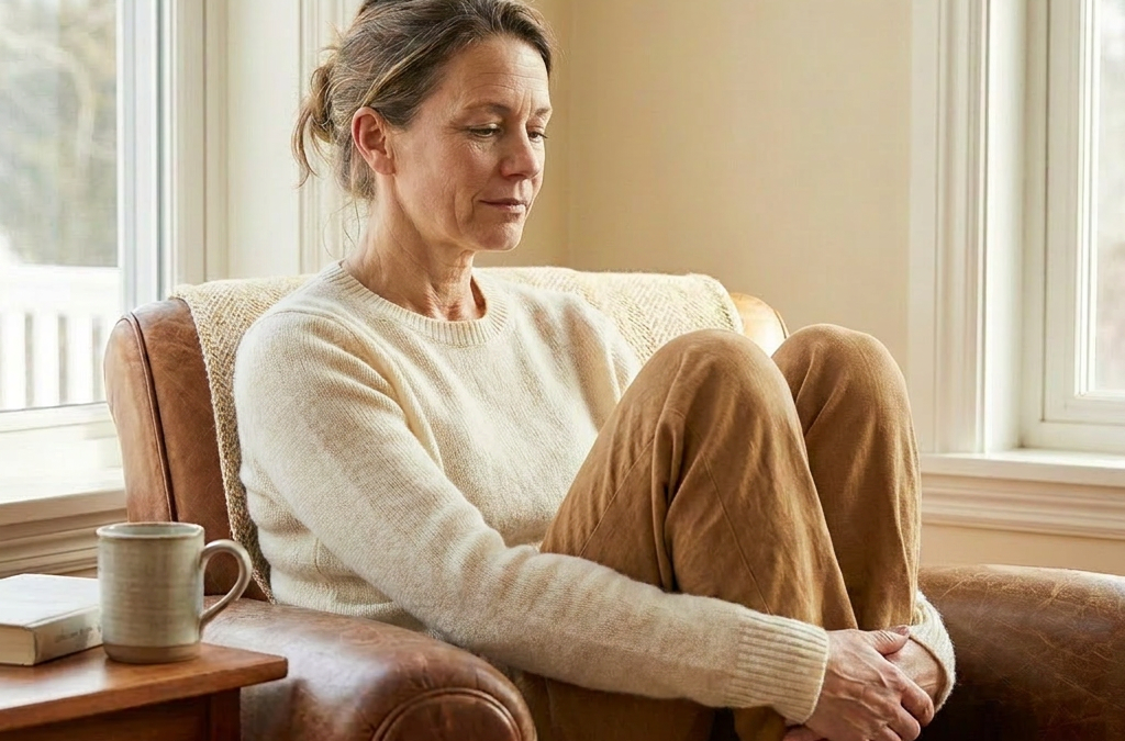 A woman sitting quietly near a window in a moment of stillness, beginning to heal shame
