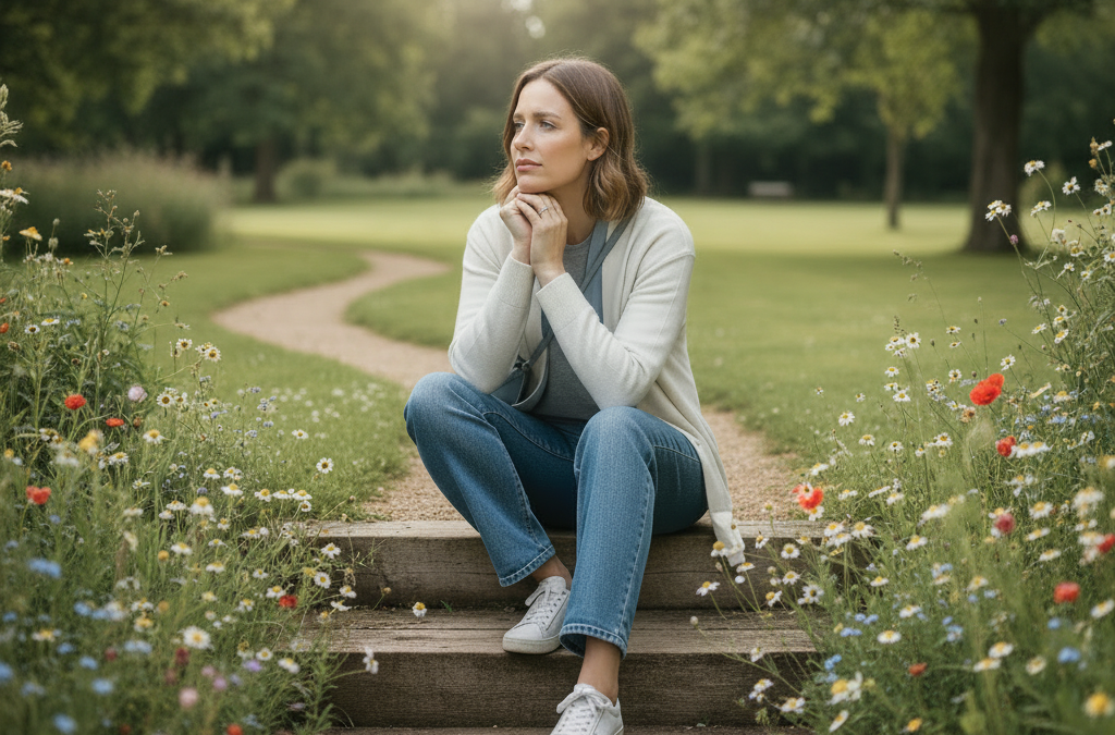 Woman sitting alone outside representing estrangement from parents and the grief of distance