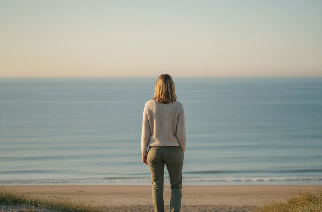 Woman standing in open landscape representing finding yourself outside family narratives