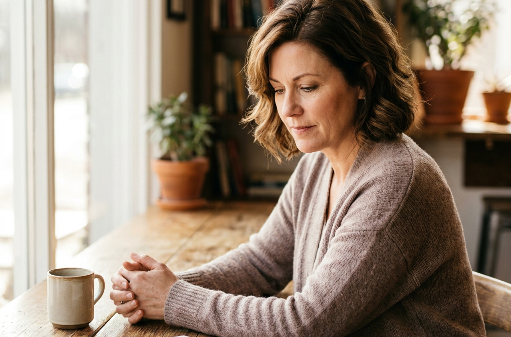 A woman sitting quietly reflecting on her inner critic and shame