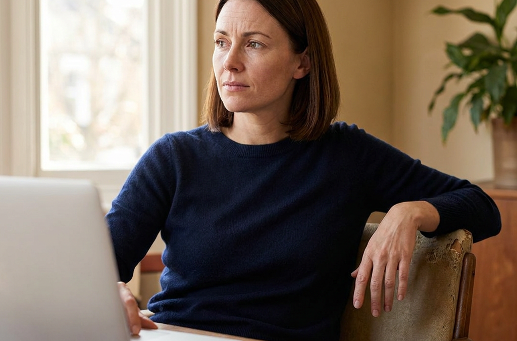 A woman looking thoughtfully away from her laptop, experiencing perfectionism and anxiety