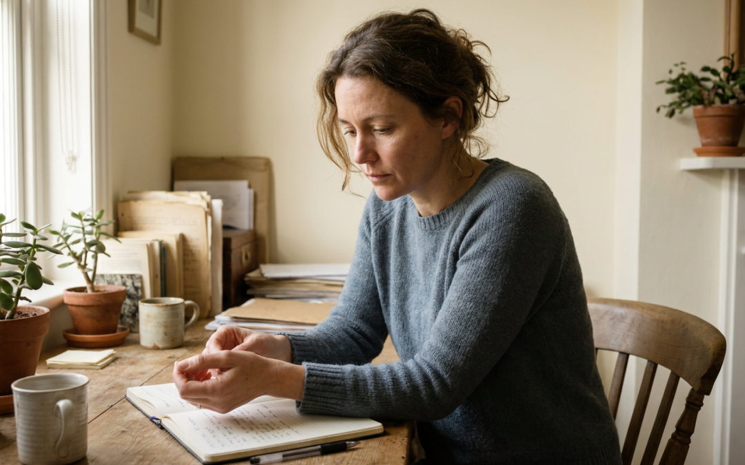 A woman sitting quietly with a cup of tea, reflecting on perfectionism and shame